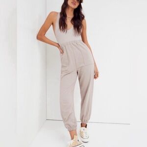 Free People FP Beach Movement Jumpsuit Taupe V-Neck Racerback Jogger Small